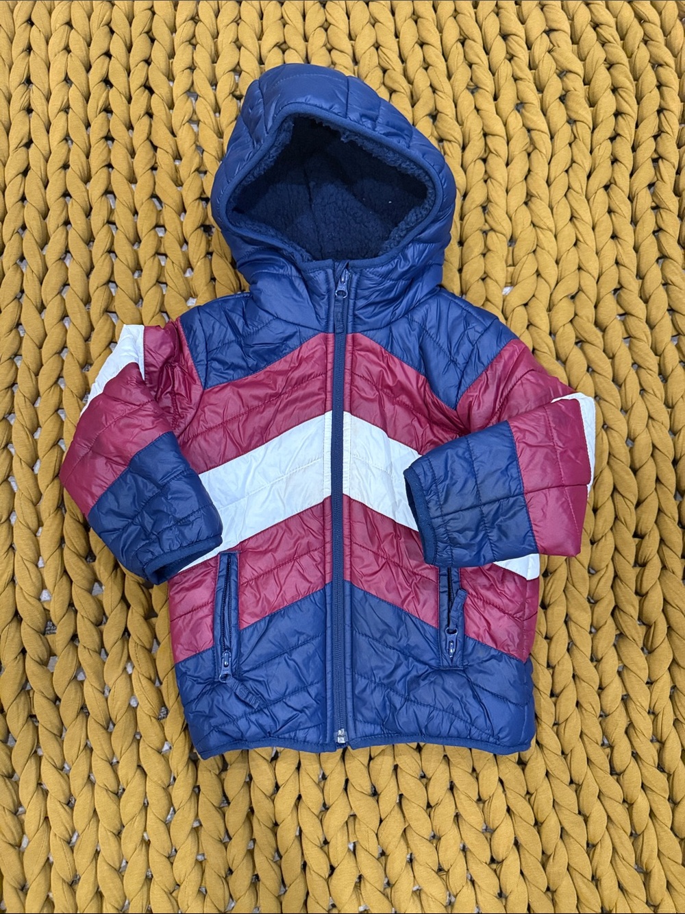 Kids Hooded Puffer Jacket in Navy, Burgundy & White - Size 4T